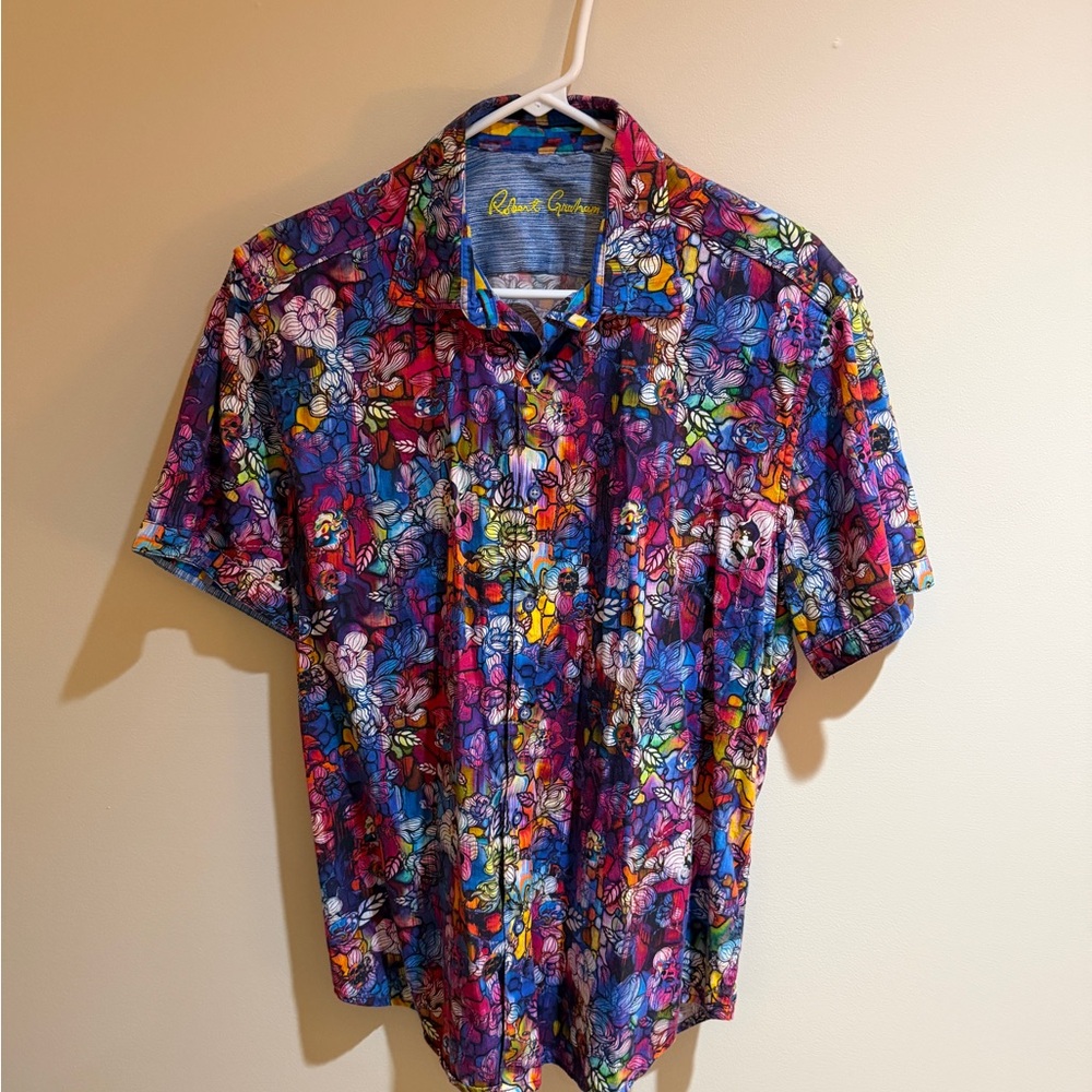 Robert Graham VALERIO Floral Skull Orig $198 Large Classic Fit Short Sleeve $79